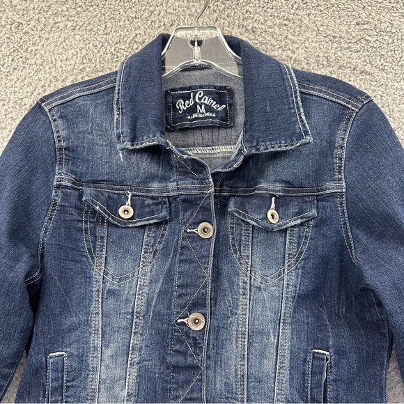Red Camel‎ Crop Denim Jean Trucker Jacket Long Sleeve Dark Wash Junior Medium - Picture 2 of 8